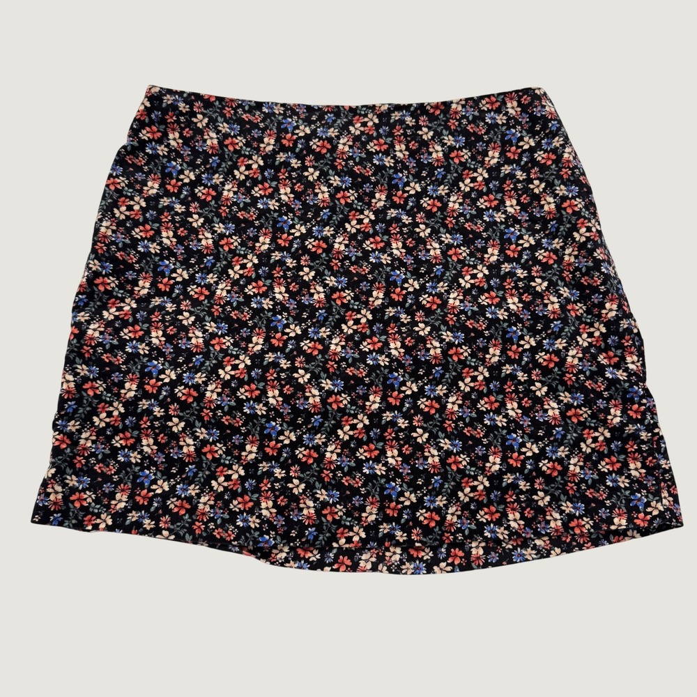 Copper Key Mini Skirt Womens XL Black Floral Corduroy A Line Side Zip Stretch